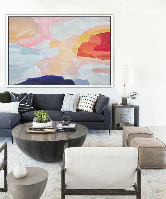 Extra Large Acrylic Painting On Canvas,Oversized Horizontal Contemporary Art,Contemporary Wall Art,Pink,Dark Blue,Grey,Red.etc